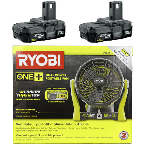 Ryobi P3320 18V Lithium-Ion Portable Fan and (2) Ryobi P189 18V 1.5 Ah Li-Ion Battery Packs